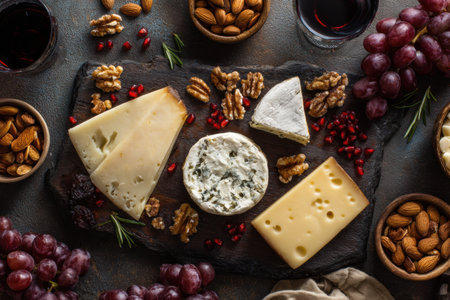Assorted cheeses are arranged on a slate board, complemented by fresh fruits, nuts, and red wine, creating a visually appealing gourmet spread.の素材