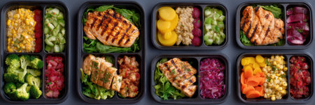 An editorial layout showcases various healthy frozen lunches with calories clearly listed, offering a range of nutritious choices for consumers.の素材