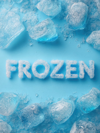 Clean typography spelling out frozen on a light blue surface surrounded by ice cubes, emphasizing frozen food awareness in a visually appealing way.の素材