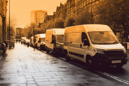 Multiple delivery vans line an urban street, showcasing a vibrant atmosphere with pedestrians walking and city buildings in the background on a damp day.の素材