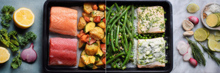 A vibrant meal kit display showcases fresh seafood and frozen vegetables arranged neatly on a tray, highlighting healthy cooking options.の素材