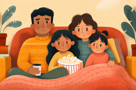 A family gathers on a couch for movie night, sharing popcorn and wrapped in a warm blanket, creating cozy moments of togetherness and laughter.の素材