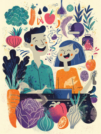 Two people happily cook in a colorful kitchen filled with fresh ingredients, sharing laughter and enjoying the moment of preparing a meal together.の素材