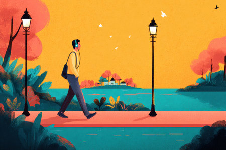 A person is enjoying a podcast while strolling in a peaceful park, with colorful trees and a calm lake in the background under a clear sky.の素材