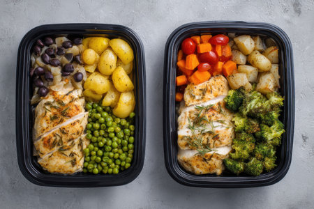 Comparison of two meal trays showcasing a frozen meal on the left and a heated meal on the right, highlighting freshness and food arrangement after cooking.の素材