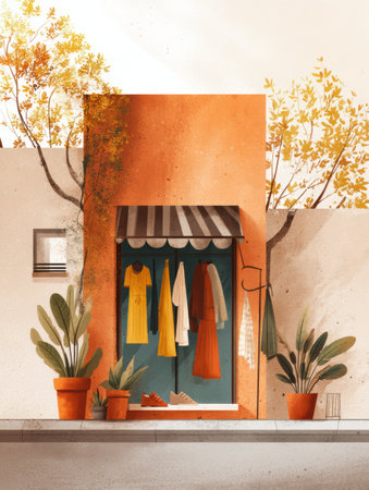 Warm autumn street showcases a stylish fashion display with vibrant clothing, surrounded by pots and colorful leaves, inviting a sense of comfort and charm.の素材