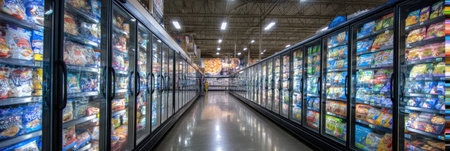 A shopper interacts with a digital touchscreen to browse frozen family pack options in a grocery store aisle filled with various products.の素材