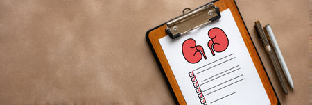 Clipboard displays kidney function checklist against a neutral background, emphasizing important health indicators for kidney assessment in healthcare.の素材