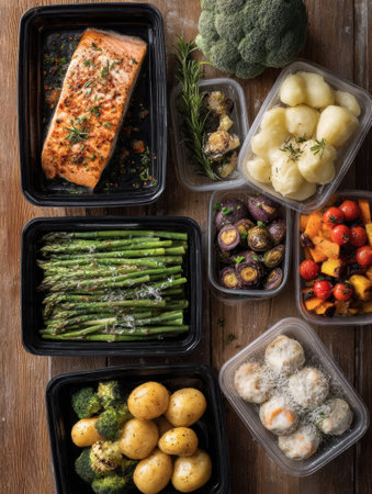 Fresh and frozen food options are neatly arranged on a wooden table, featuring salmon, asparagus, vegetables, and meal prep containers ready for cooking.の素材