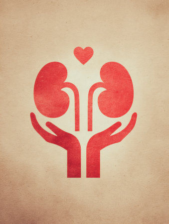 Symbol representing kidney donation with two hands supporting a heart and kidneys, designed to promote the importance of organ donation and health awareness.の素材