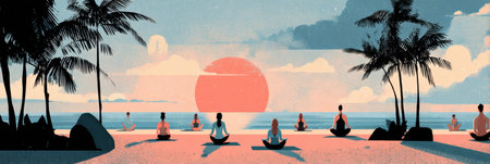 People are practicing yoga and meditating on the beach during a vibrant sunset, creating a serene atmosphere filled with tranquility and connection to nature.の素材