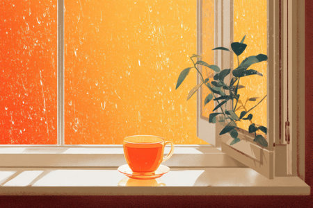 A cozy window sill features a warm cup of tea, a small green plant, and rain streaming down the glass, creating a tranquil afternoon atmosphere.の素材