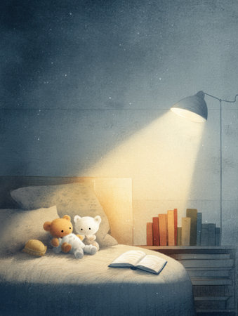 Softly lit bedroom showcases a calming bedtime routine with plush toys, an open storybook, and a gentle nightlight creating a tranquil atmosphere.の素材