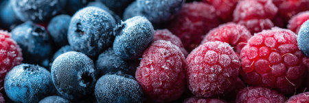 Frost clings to fresh blueberries and raspberries, showing their natural beauty in a wintery close-up that emphasizes seasonal freshness.の素材