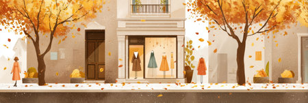 Cozy fashion storefront showcases autumn styles surrounded by vibrant leaves on a tranquil street. Warm colors create a welcoming atmosphere.の素材