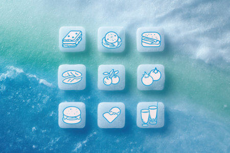 Bright icons representing various frozen food items are centered on a fresh icy gradient, emphasizing quality and freshness in frozen dining options.の素材