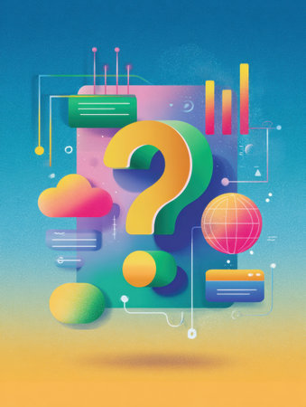 A question mark bounces across a colorful digital interface filled with clouds, graphs, and interconnected elements representing curiosity and exploration.の素材
