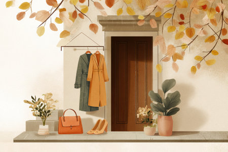Warm autumn street features a charming entrance with fashionable clothing, vibrant leaves above, and stylish accessories creating a cozy atmosphere.の素材