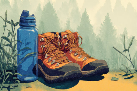 Brightly colored hiking boots sit beside a blue water bottle, set against a tranquil forest background, capturing the spirit of summer adventures in nature.の素材