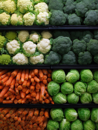 Top shelf displays fresh broccoli and cauliflower while lower shelves feature vibrant carrots and cabbage. Pricing labels show clear contrasts in costs.の素材