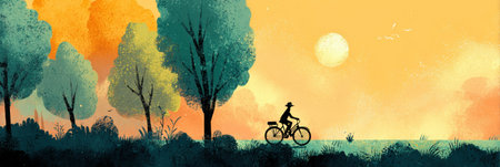 A cyclist enjoys a tranquil ride through a countryside landscape as the golden hour paints the sky with warm colors and silhouettes of trees.の素材