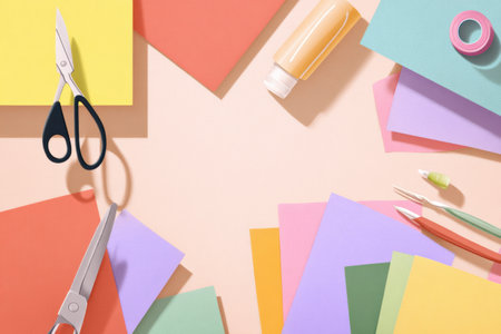 Craft table is adorned with an array of pastel papers, scissors, glue, and various crafting tools, inviting a fun DIY project in a cozy corner.の素材