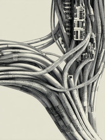 An illustration of tangled cables labeled unknown creates a chaotic visual, highlighting challenges in organization.の素材
