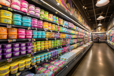 Colorful frozen dessert packages line the grocery aisle, inviting shoppers in search of sweet treats with their cheerful appeal.の素材