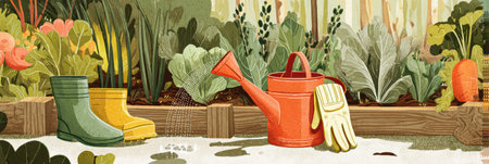 Colorful vegetable garden patch features a watering can and next gloves to vibrant plants, inviting activity in the warm afternoon sunlight of spring.の素材
