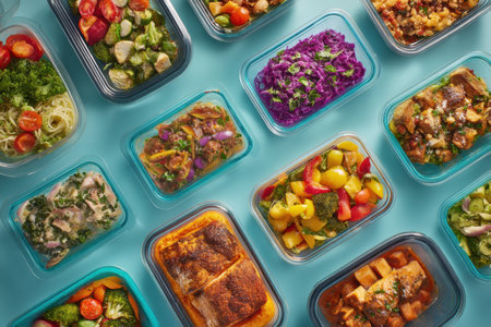 A colorful array of freezer-to-oven meals in clear containers on a blue surface, featuring fresh veggies and proteins ready to cook.の素材