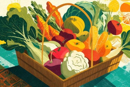 A colorful basket brimming with seasonal fruits and vegetables showcases the bounty of a farmers market, highlighting natures vibrant offerings.の素材