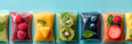 Colorful frozen smoothie packs filled with various fruits and mint leaves are displayed on a frosty background, highlighting freshness and health.の素材