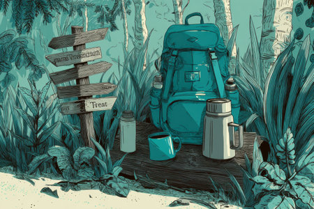 A nature hike setting showcases a backpack, a thermos, and directional trail signs surrounded by lush greenery, inviting weekend exploration and relaxation.の素材