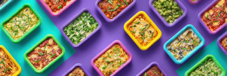 Vibrant packaging showcases a variety of meal options ready for freezing and oven preparation, set against a clean and appealing background.の素材