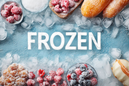Typography stands out on icy texture promoting awareness of frozen food, surrounded by frozen fruits and snacks that invite exploration and enjoyment.の素材