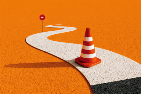 A traffic cone and a detour sign guide the way along a winding digital path set against a vibrant orange background, creating a distinct visual pathway.の素材