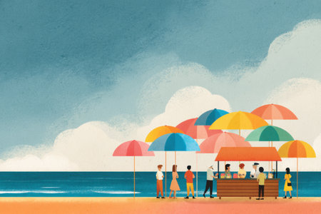 Visitors gather at a vibrant ice cream stand near the beach, surrounded by colorful umbrellas and a refreshing ocean breeze on a sunny day.の素材