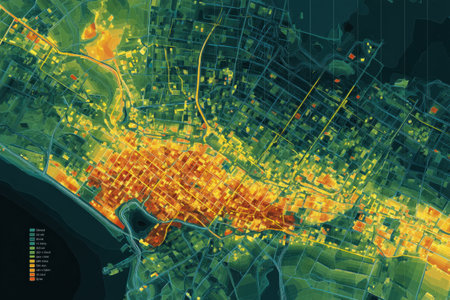 Digital interface displays a delivery heatmap of an urban zone, highlighting areas of activity and visibility for improved delivery services and urban planning.の素材