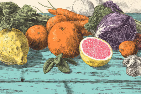 A rustic kitchen counter showcases seasonal fruits and veggies, including bright oranges, greens, and a pink grapefruit.の素材