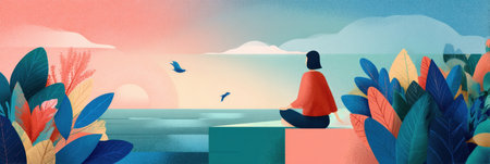 A person sits peacefully in nature, taking a break from technology while enjoying the calming sunset over the ocean, surrounded by colorful plants and birds.の素材
