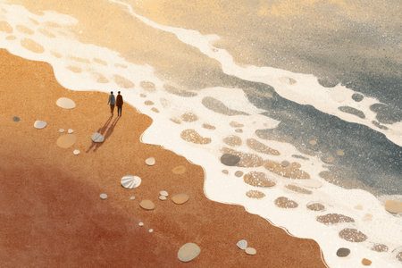 A couple strolls along the shoreline during golden hour, surrounded by shells and gentle sea foam as the sun sets on the horizon.の素材