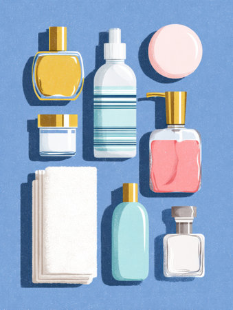 A carefully arranged flatlay displays various skincare bottles, a towel, and containers showcasing an organized beauty routine against a calming blue backdrop.の素材