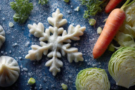 Frozen dumplings and colorful vegetables are artistically arranged beside a stylized snowflake, creating a vibrant and inviting culinary display.の素材