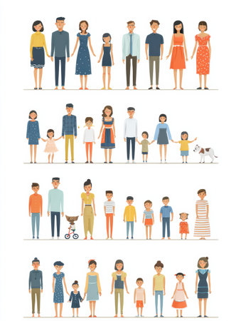 Illustration showcases Latin family values with gentle icons representing diverse family types and joyful moments.の素材