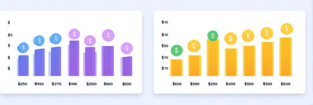 Colorful bar charts compare budgeted and actual expenses, highlighting financial performance for improved decision-making.の素材