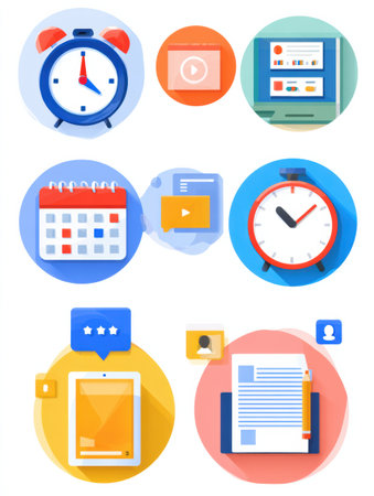 Infographic shows key time management tips for freelancers with icons of clocks, calendars, and alerts in a sleek design.の素材