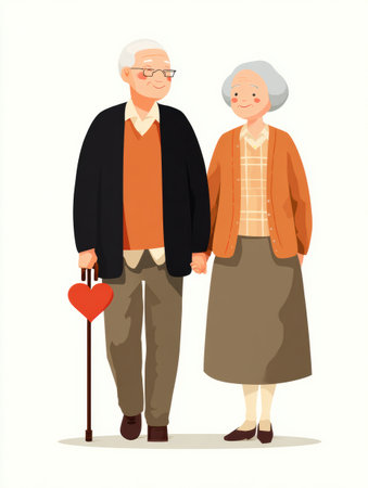 Elderly couple enjoys a walk, hand in hand, utilizing a heart-shaped cane, symbolizing love in a soft, bright settingの素材