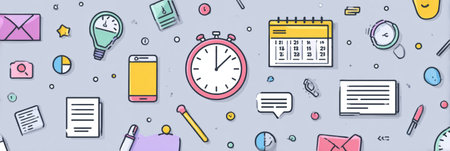 Infographic illustrates various time management techniques tailored for freelancers using icons like clocks and calendars to enhance productivity and planning.の素材
