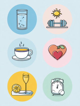 Discover seven essential wellness habits illustrated through engaging icons that encourage daily health routines and mindful living for better vitality.の素材