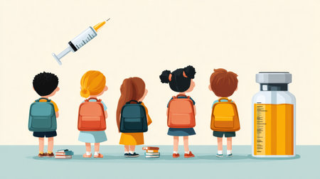Children with backpacks stand in line depicting the importance of vaccinations before returning to school for health safety and compliance.の素材